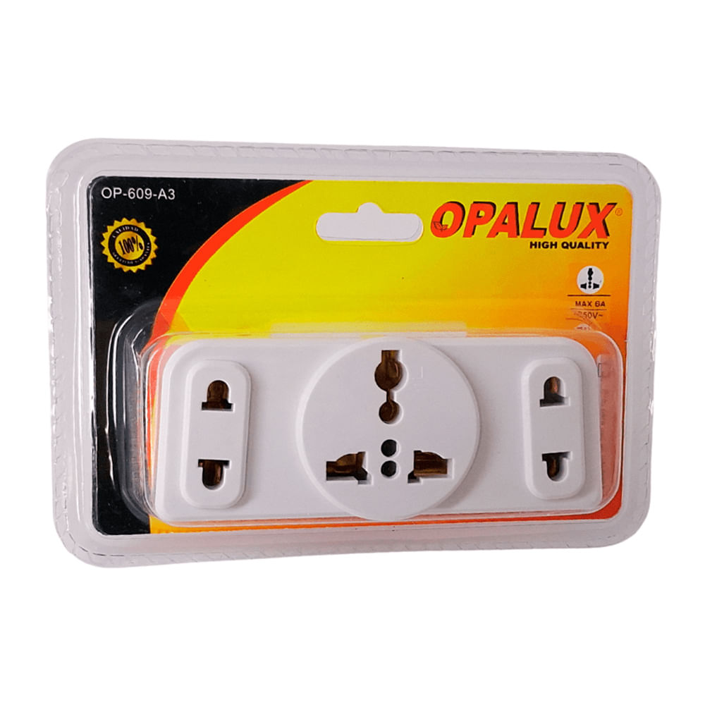 Adaptador enchufe plano triple Opalux OP-609-A3, 3 tomas universales, blanco